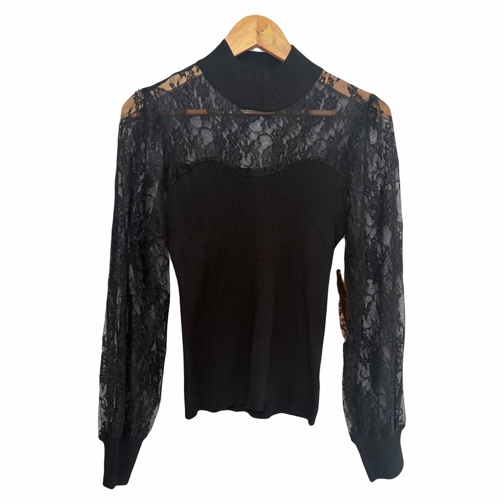 Almost Famous Black Knit Sweater Top with Lace Long Sleeves Large Party